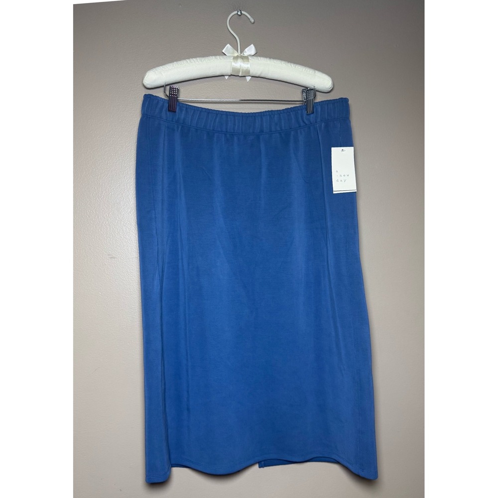 A New Day Blue Midi Skirt Elastic Waist Back Slit Size Large NWT